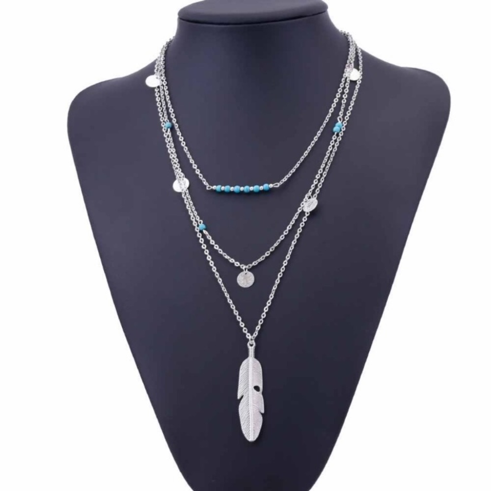 NWT Silver 3 Layer Boho Necklace w/ Feather